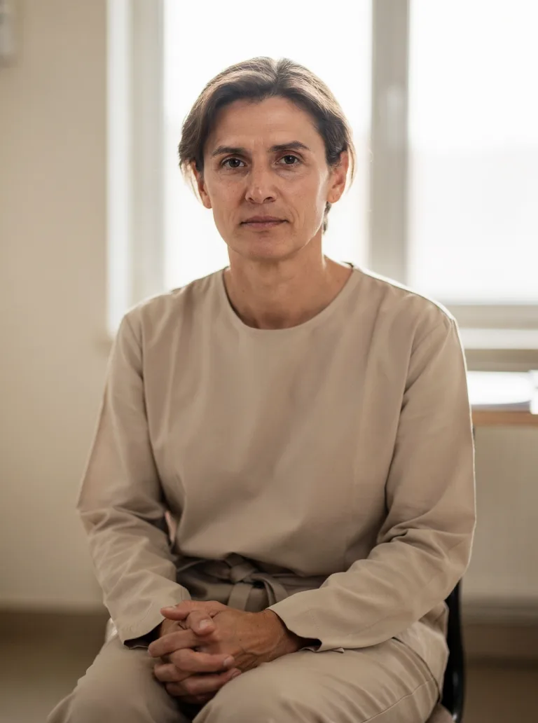 An illustrative clinician figure, adult of unspecified age sitting attentively in an interior space, hands folded calmly