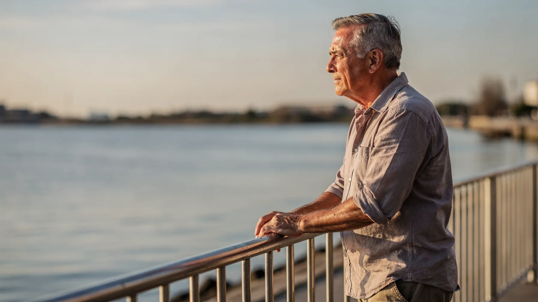 A man approximately 45 to 55 years old standing at a railing looking out reflectively